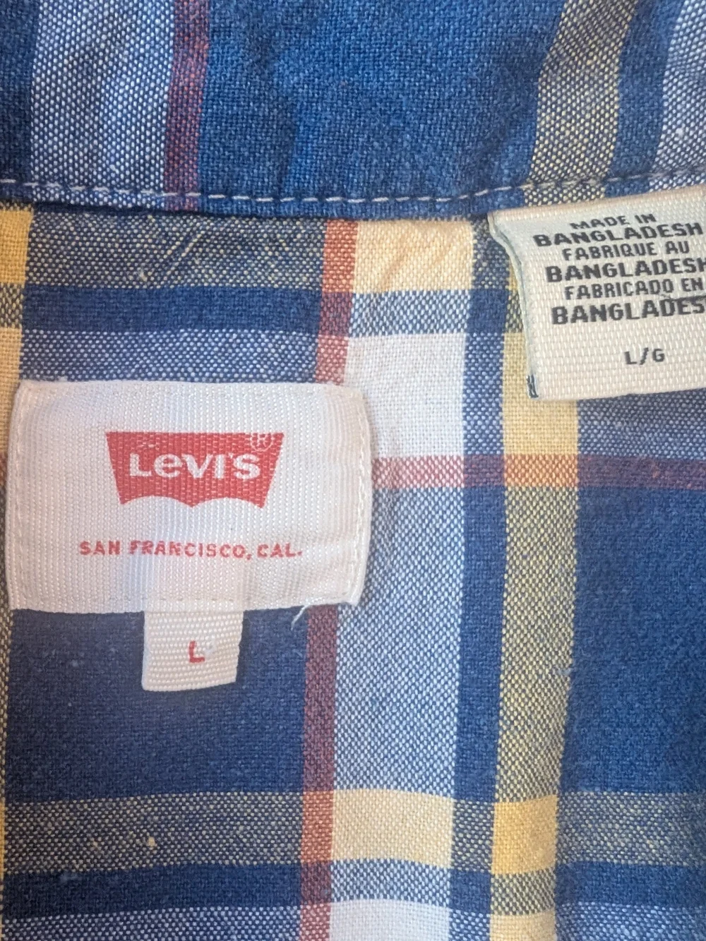Levi's Mens Western Shirt Pearl Snap Plaid Blue Yellow White Yoke Large L 66986